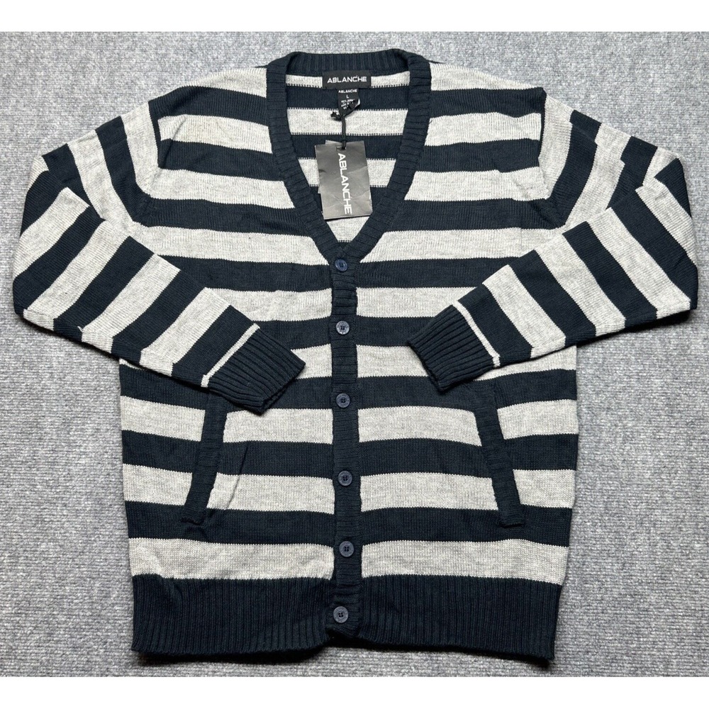 Ablanche Cardigan Sweater Mens L Navy Gray V-Neck Long Sleeve Preppy Y2K New